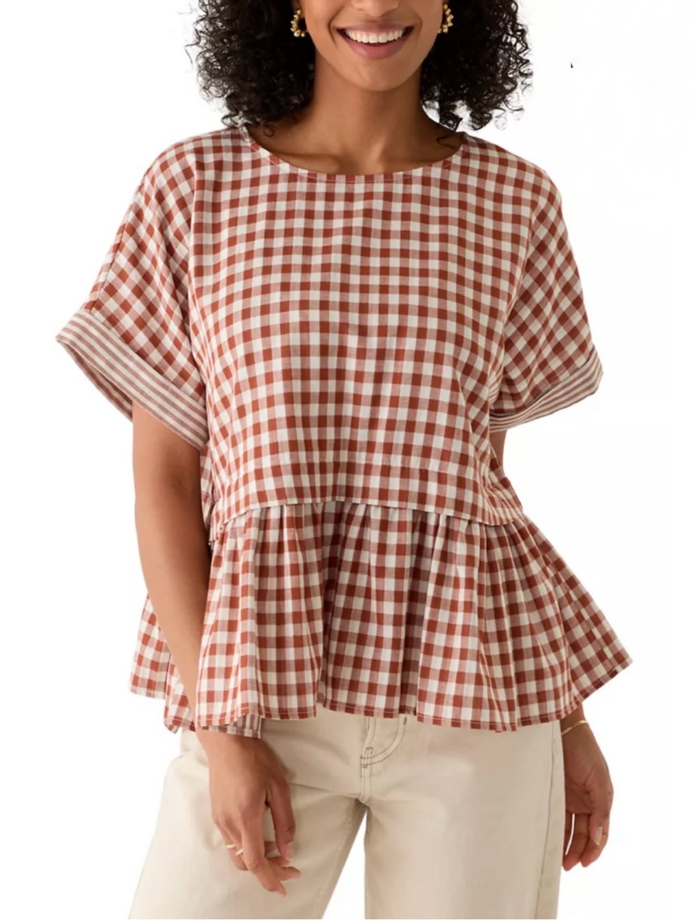 Women's Brown Gingham Peplum Top